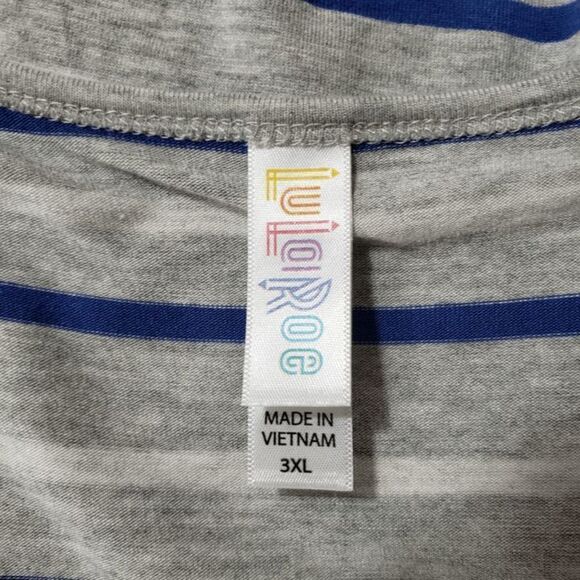 LuLaRoe Gray Top Blue White Horizontal Stripes Scoop Neck Slits Extra Wide - Picture 3 of 7